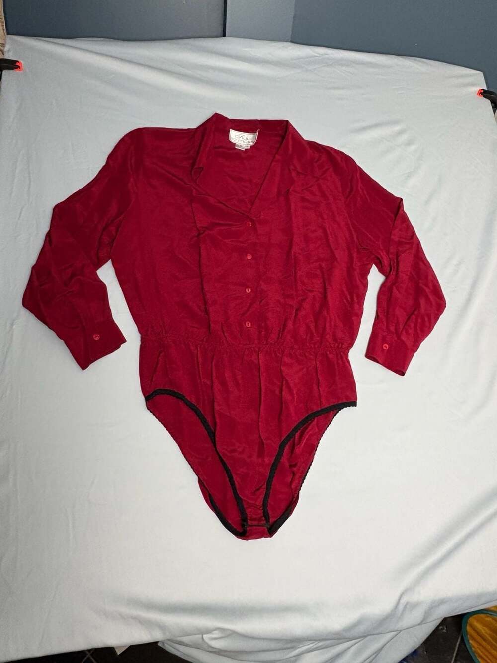 Silk Boutique Burgundy Silk Long Sleeve Collared Bodysuit with Black Lace Trim